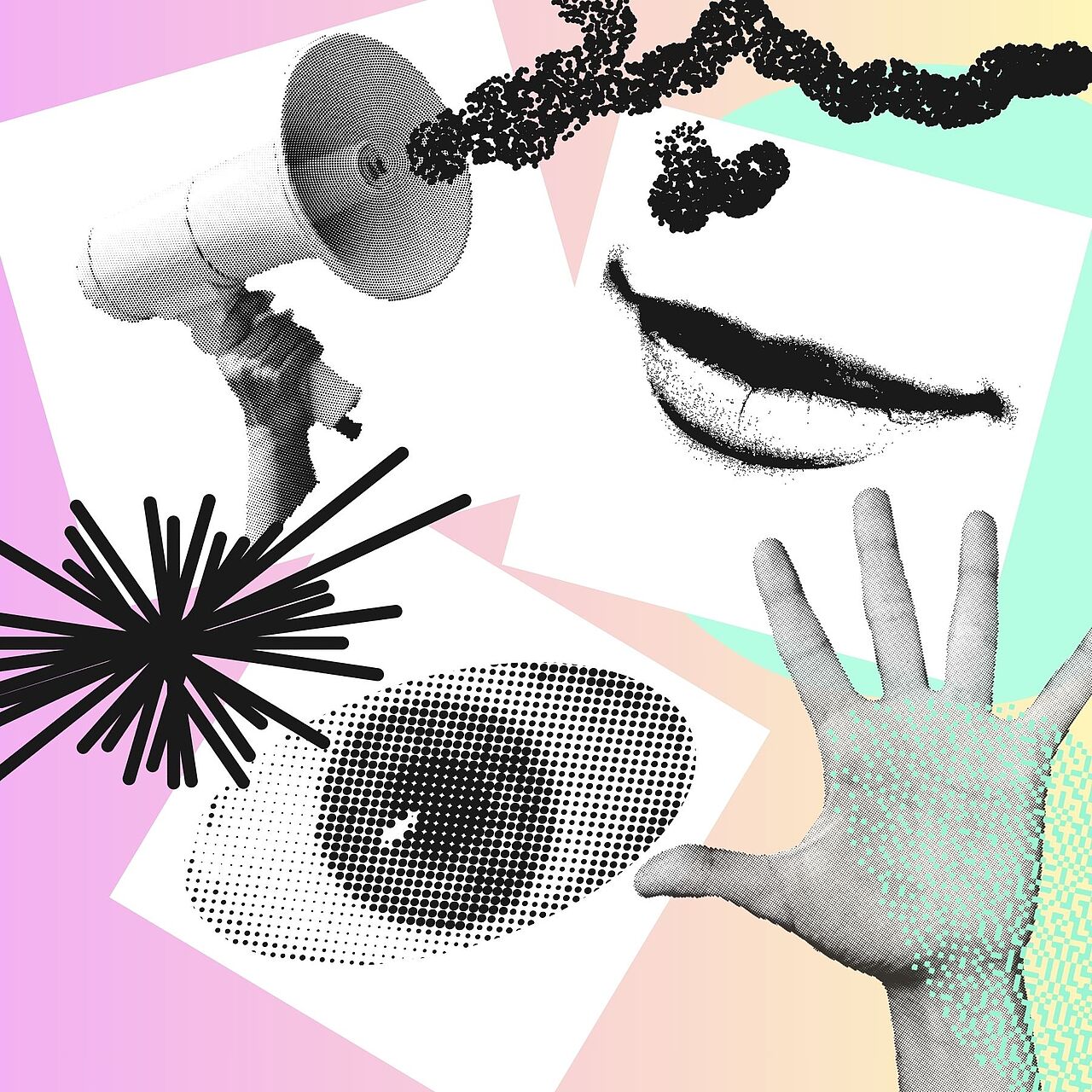 Eine Grafik mit schwarz-weißen Ausschnitten einer Hand, Auge, Mund und mehr. Der Hintergrund besteht aus einem farbigen Übergang von lila über orange zu grün.