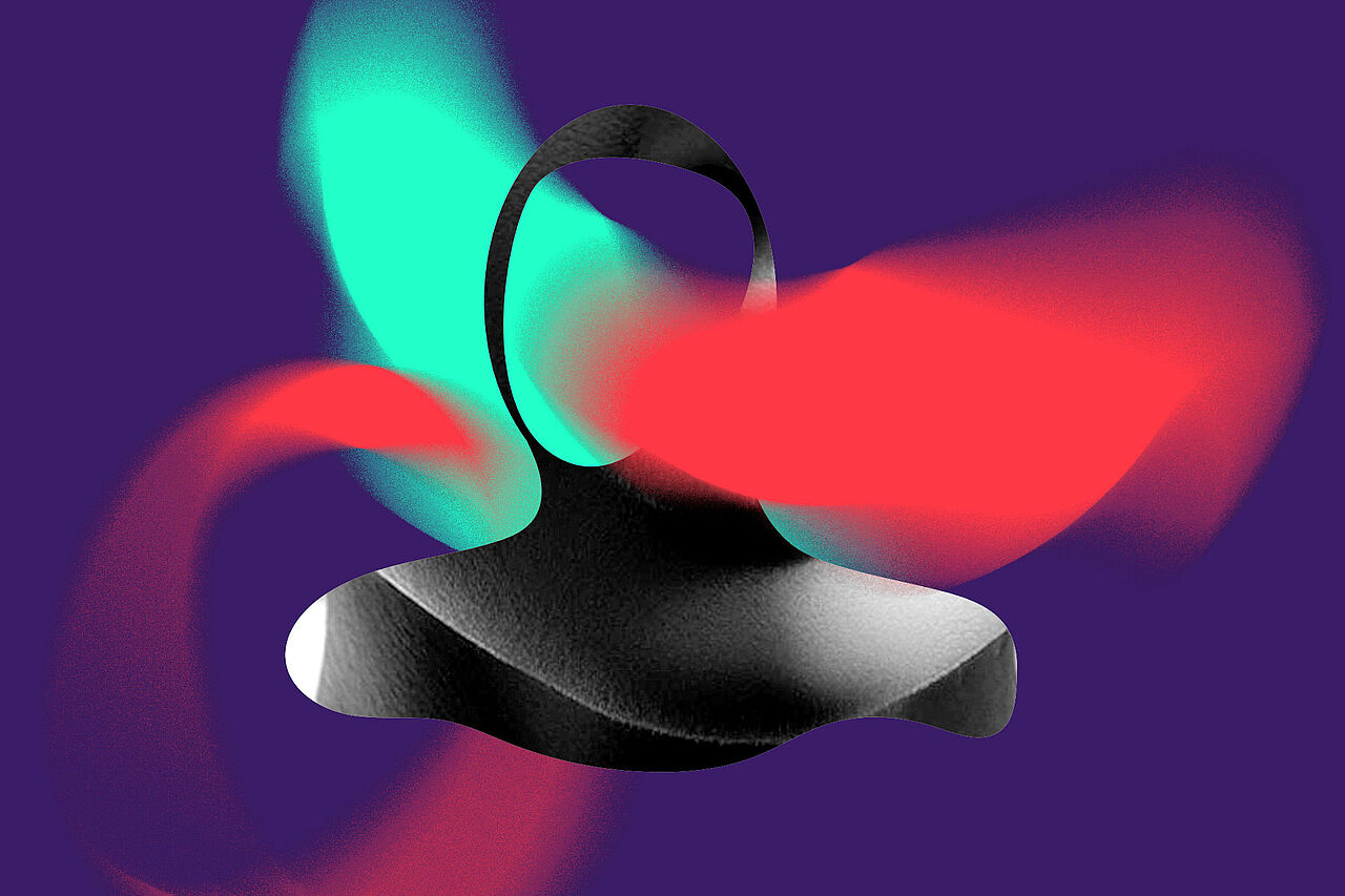 Grafisches Visual. In der Mitte ist die grafische Silhouette einer unbekannten Person mit Kapuze in schwarz. Durch den leeren Bereich, wo man das Gesicht vermutet fließen rote und türkise Farben. Der Hintergrund ist in dunklem Lila getönt.