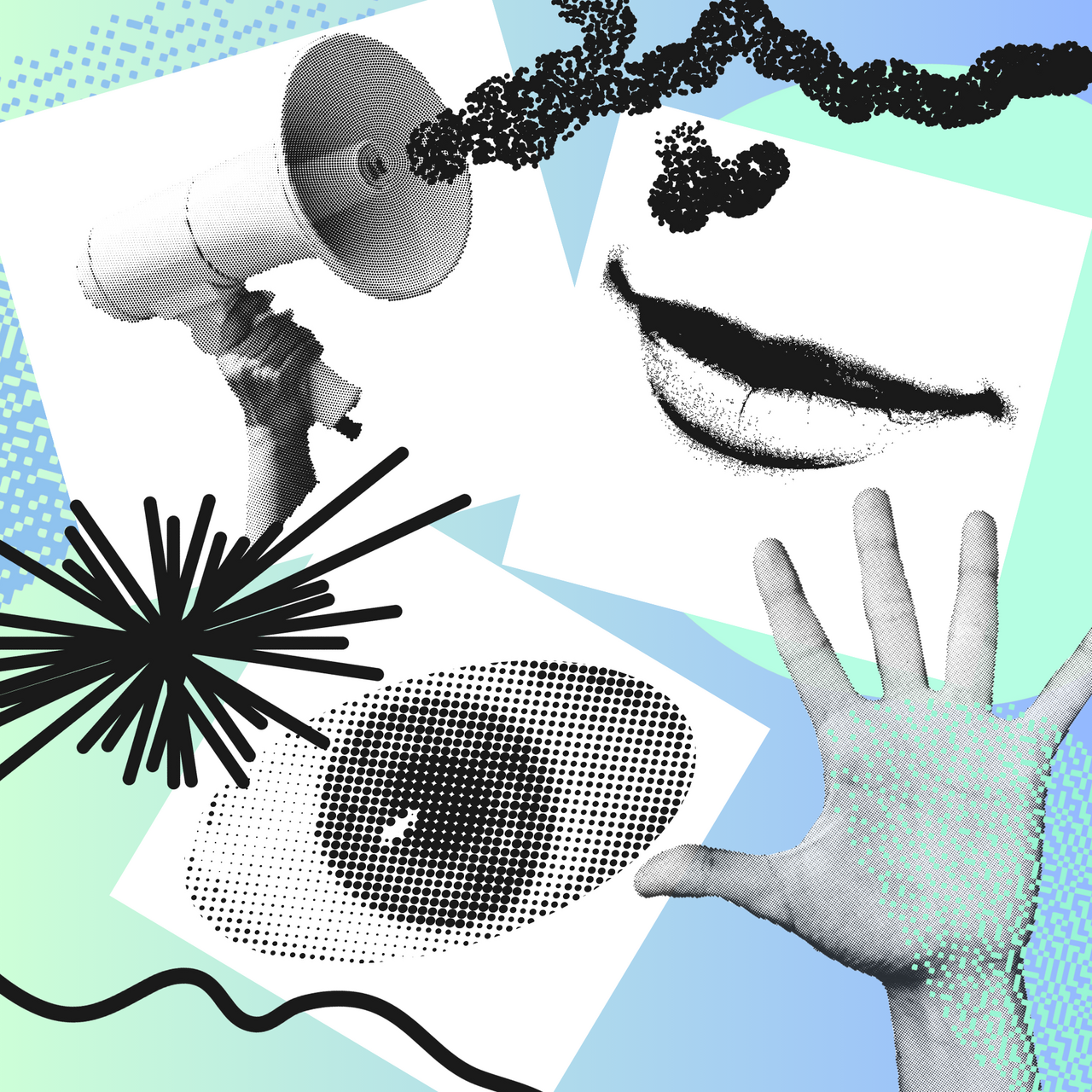 Schwarz-weiße Grafiken auf buntem Hintergrunde. Die Grafiken zeigen einen Mund, eine Hand, ein Auge und mehr.