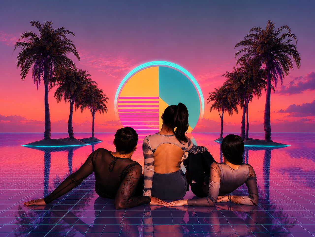 Three people are sitting on a reflective surface with their backs to the camera, looking out at a stylised tropical sunset scene featuring palm trees and a large, colourful circle in the centre.