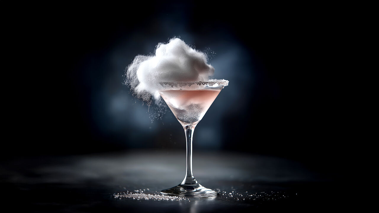 Ein elegantes Cocktailglas mit einer zart rosafarbenen Flüssigkeit steht auf einem dunklen Hintergrund. Der Glasrand ist mit grobem Zucker verziert, und über dem Glas schwebt eine fluffige Wolke aus Zuckerwatte, die teilweise zu zerfallen scheint. Das Licht hebt die feinen Strukturen des Glases, des Zuckers und der Zuckerwatte kontrastreich hervor, was der Szene einen fast magischen, surrealen Charakter verleiht.